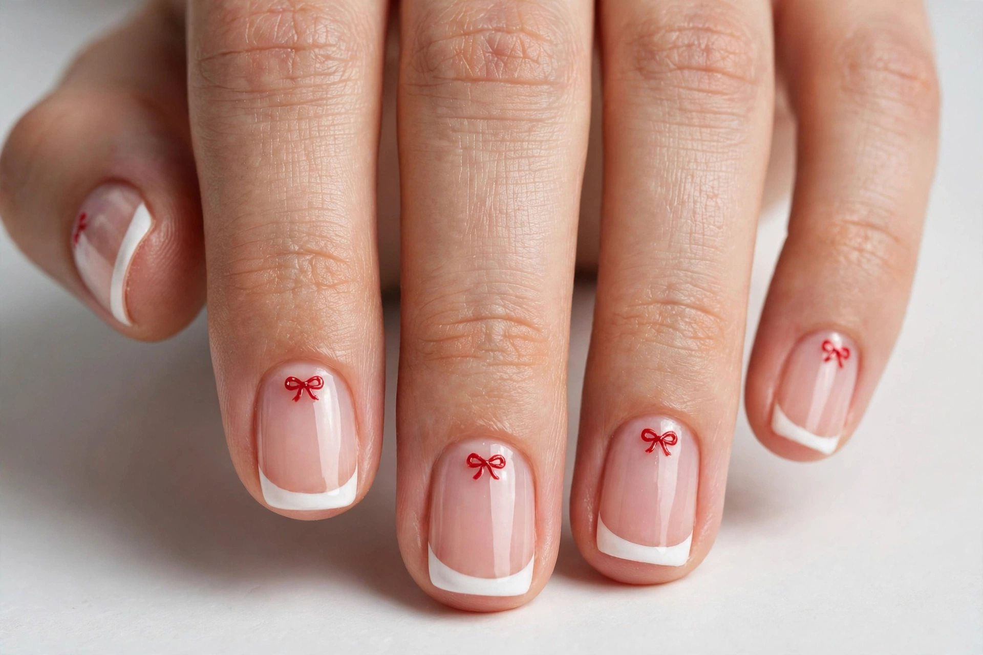 Christmas French tip nails with classic white tips and tiny red bow art on each nail over a sheer pink base, shown on short squoval nails.