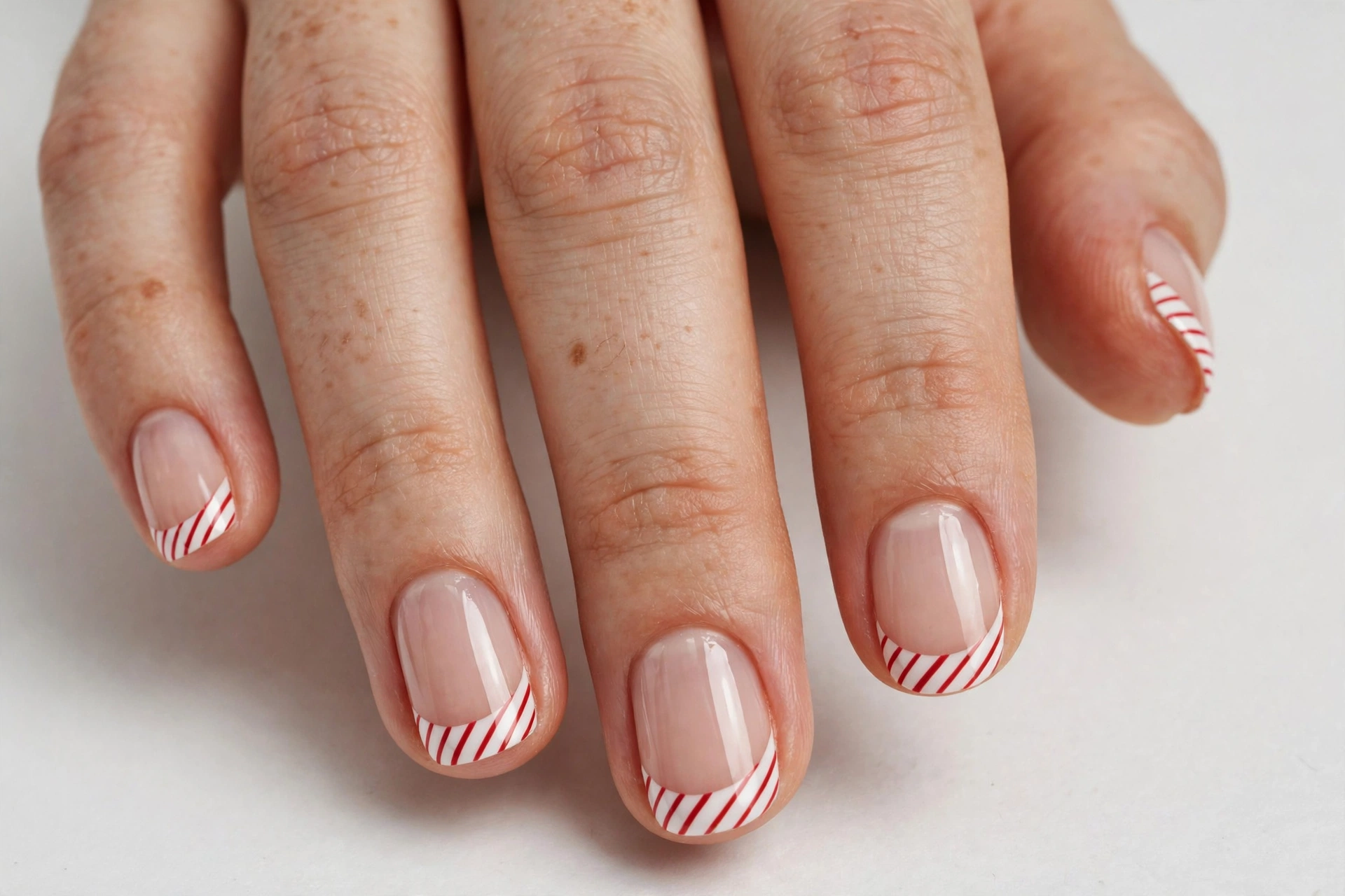 Candy cane French tip nails with white tips and thin red diagonal stripes on a sheer nude base, shown on short oval nails.