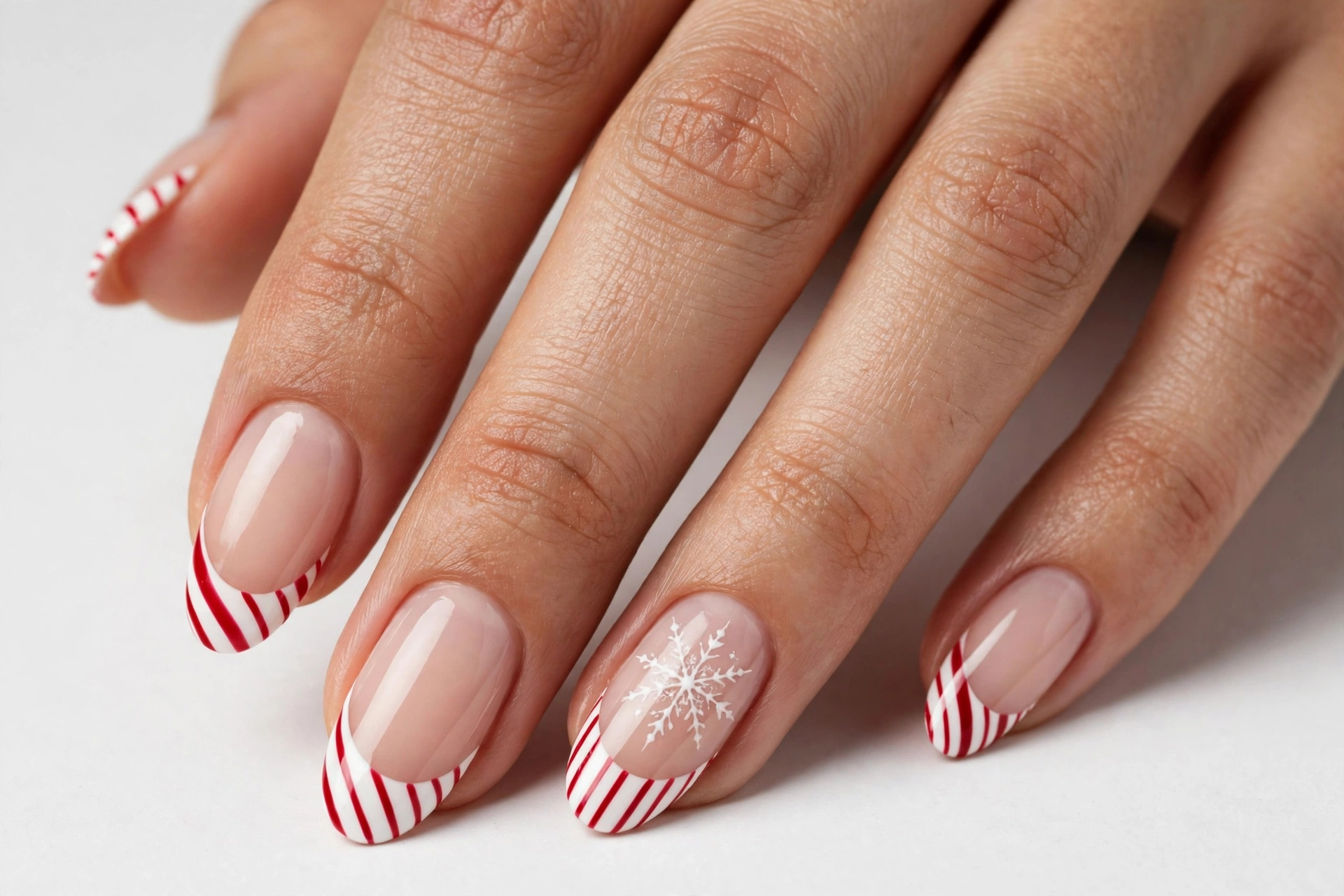Christmas French tip nails mixing candy cane striped tips with one snowflake accent nail, on a sheer nude base, shown on medium almond nails.