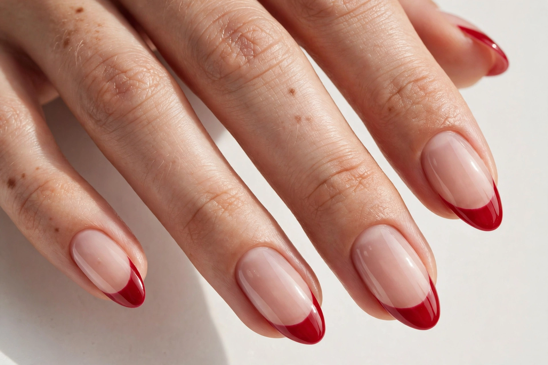 Classic Christmas French tip nails with glossy red tips on a sheer nude base, shown on medium almond nails.