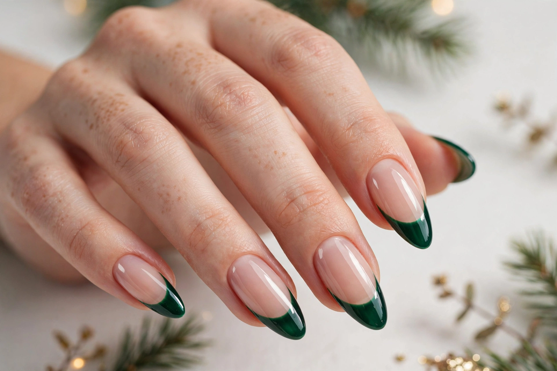 Christmas French tip nails with rich emerald green glossy tips on a sheer nude base, shown on long almond nails.