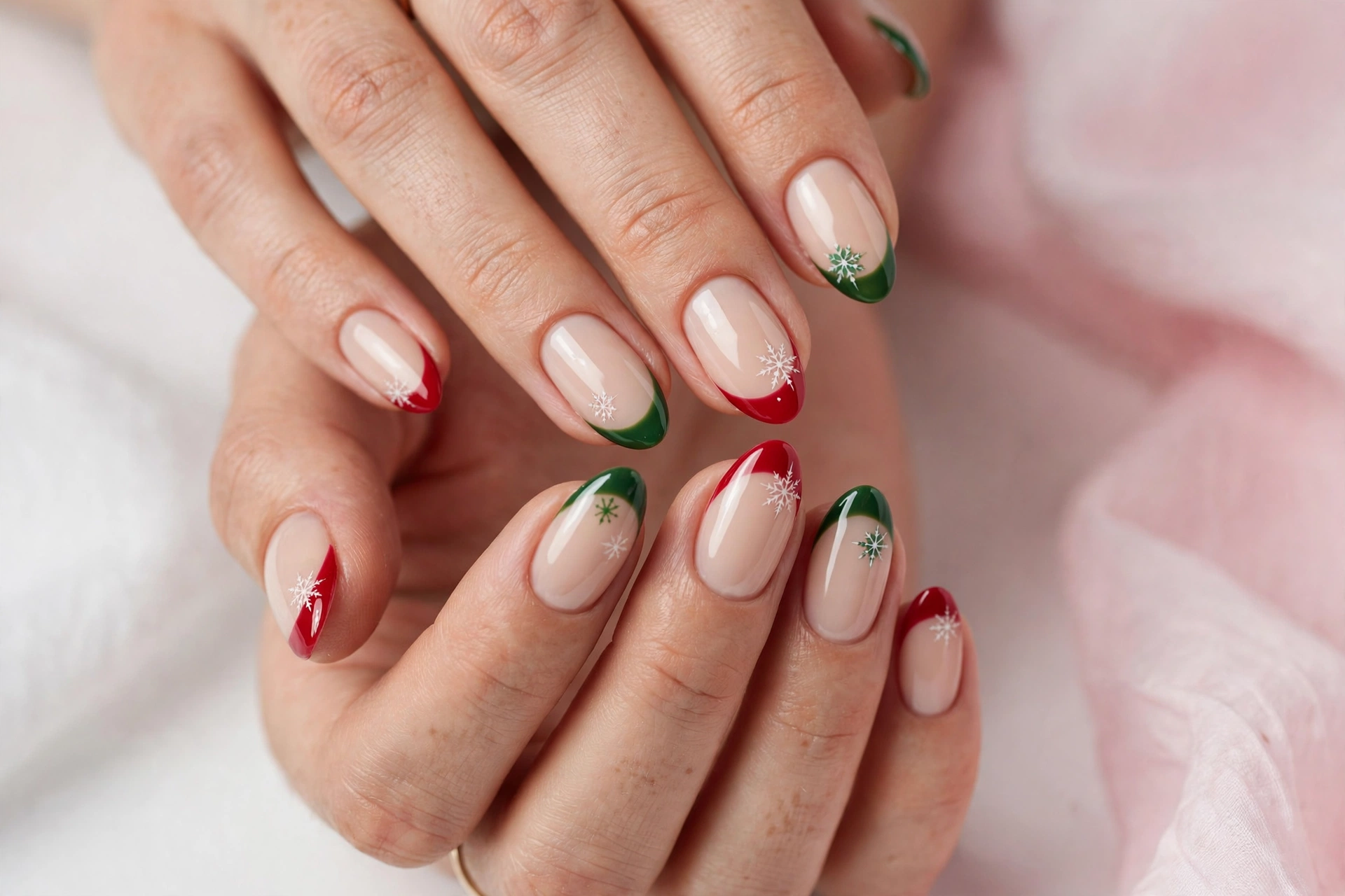 Christmas French tip nails with red and green tips and tiny snowflake art on a nude base, shown on a woman's hands against a white and soft pink background.