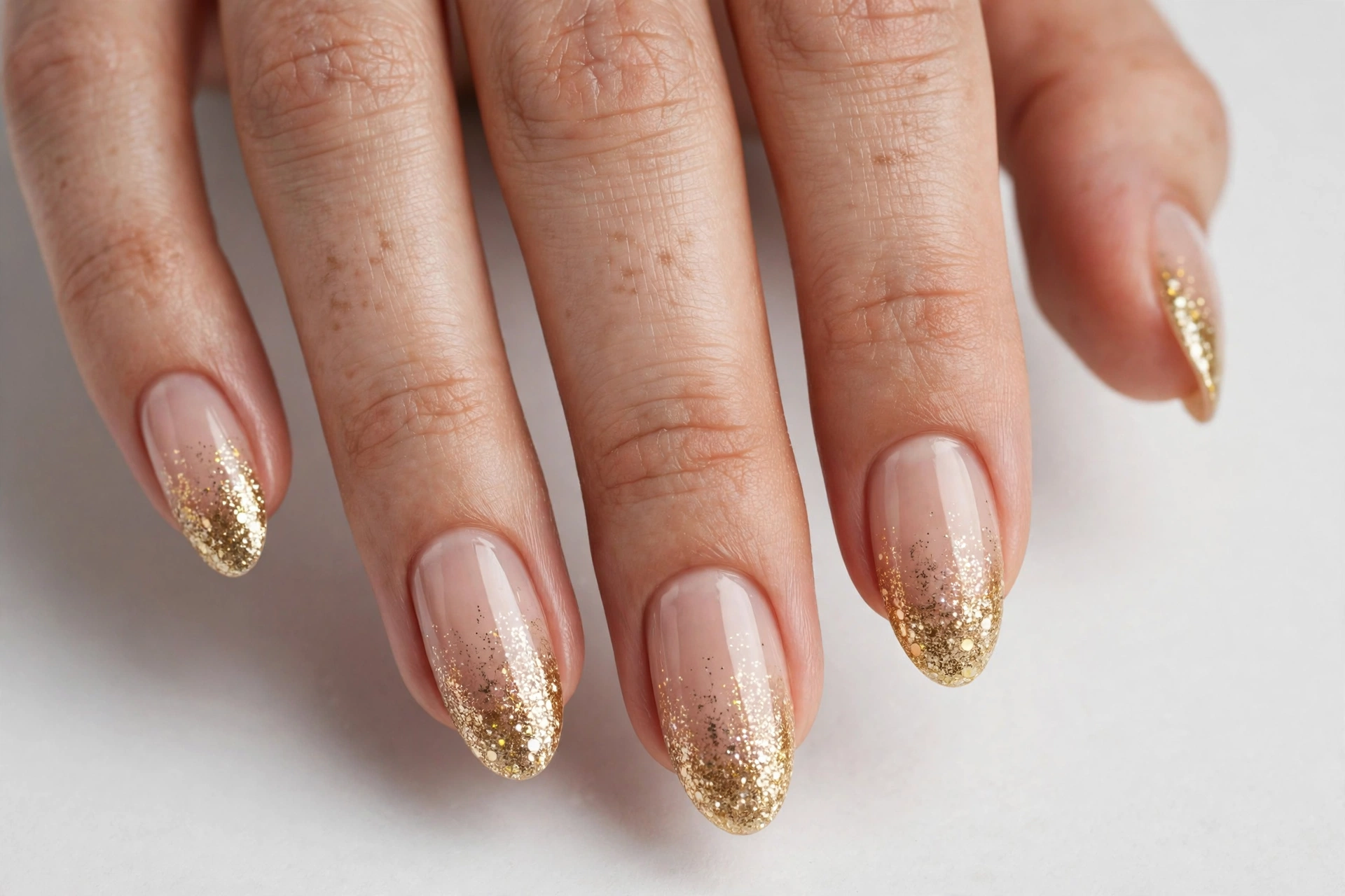 Christmas French tip nails with sparkling gold glitter tips fading into a sheer nude base, shown on medium almond nails.
