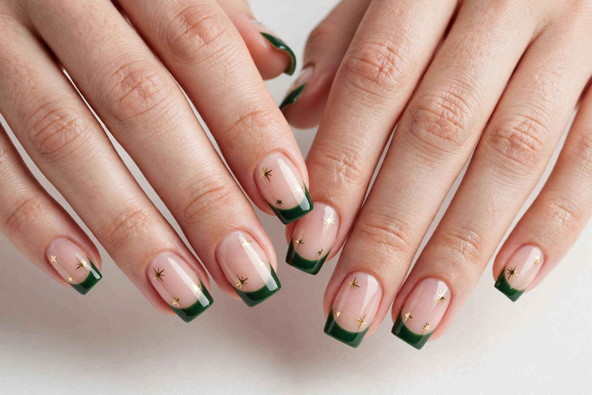 Christmas French tip nails with deep green tips and tiny gold star decals on a sheer nude base, shown on medium square nails.