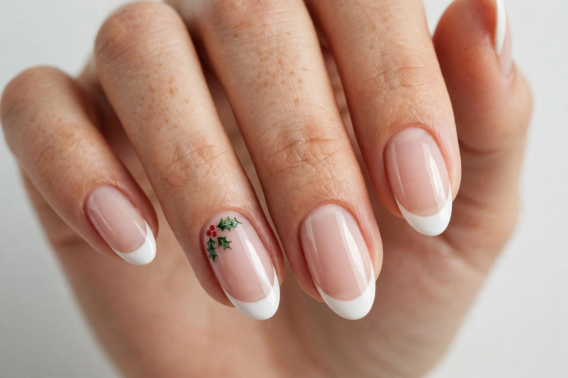 Christmas French tip nails with white tips and small holly leaves with red berries painted near the cuticle of one accent nail, on a sheer nude base, shown on medium almond nails.