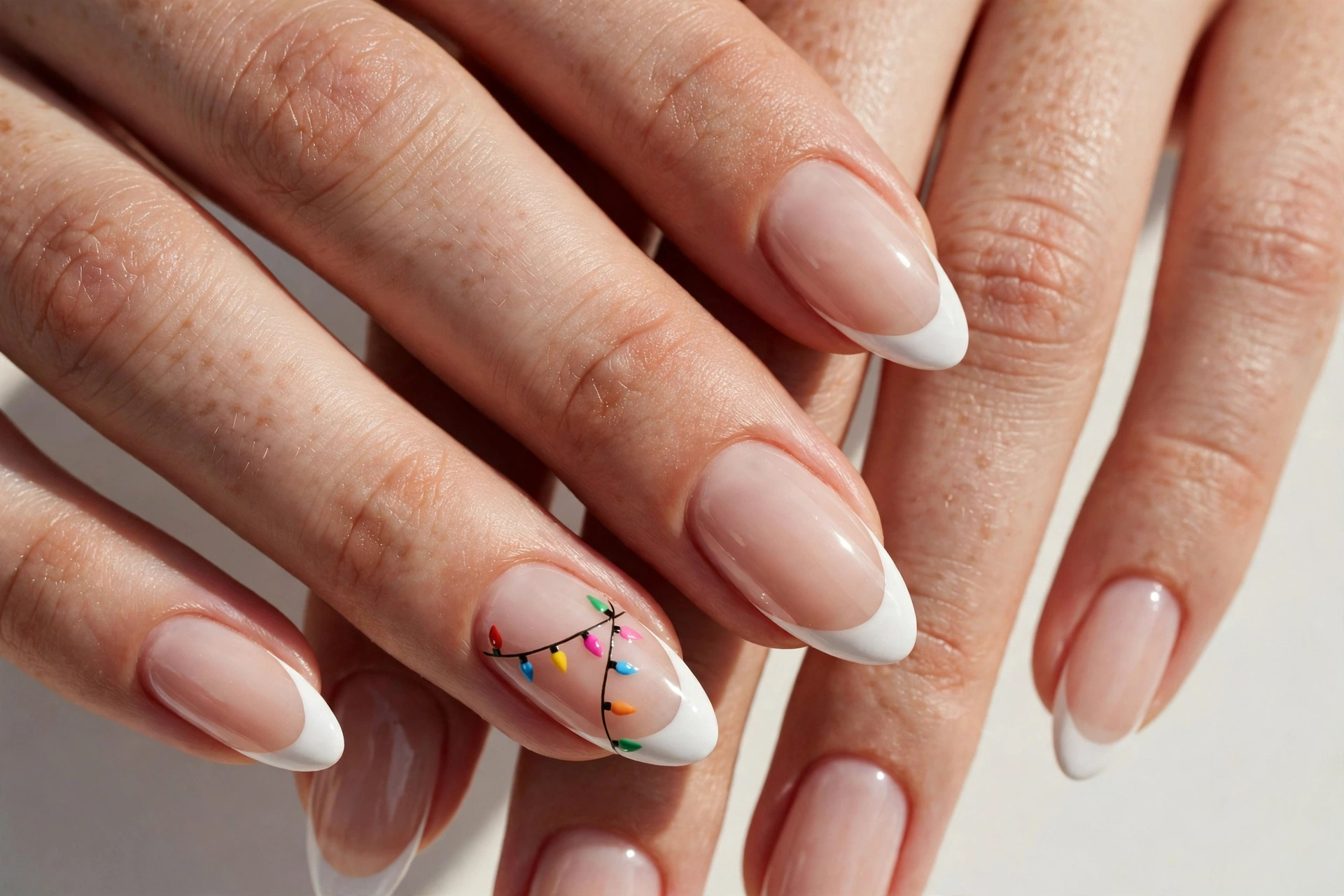 Christmas French tip nails with white tips and a string of tiny colorful Christmas lights painted across one accent nail, on a sheer nude base, shown on medium almond nails.