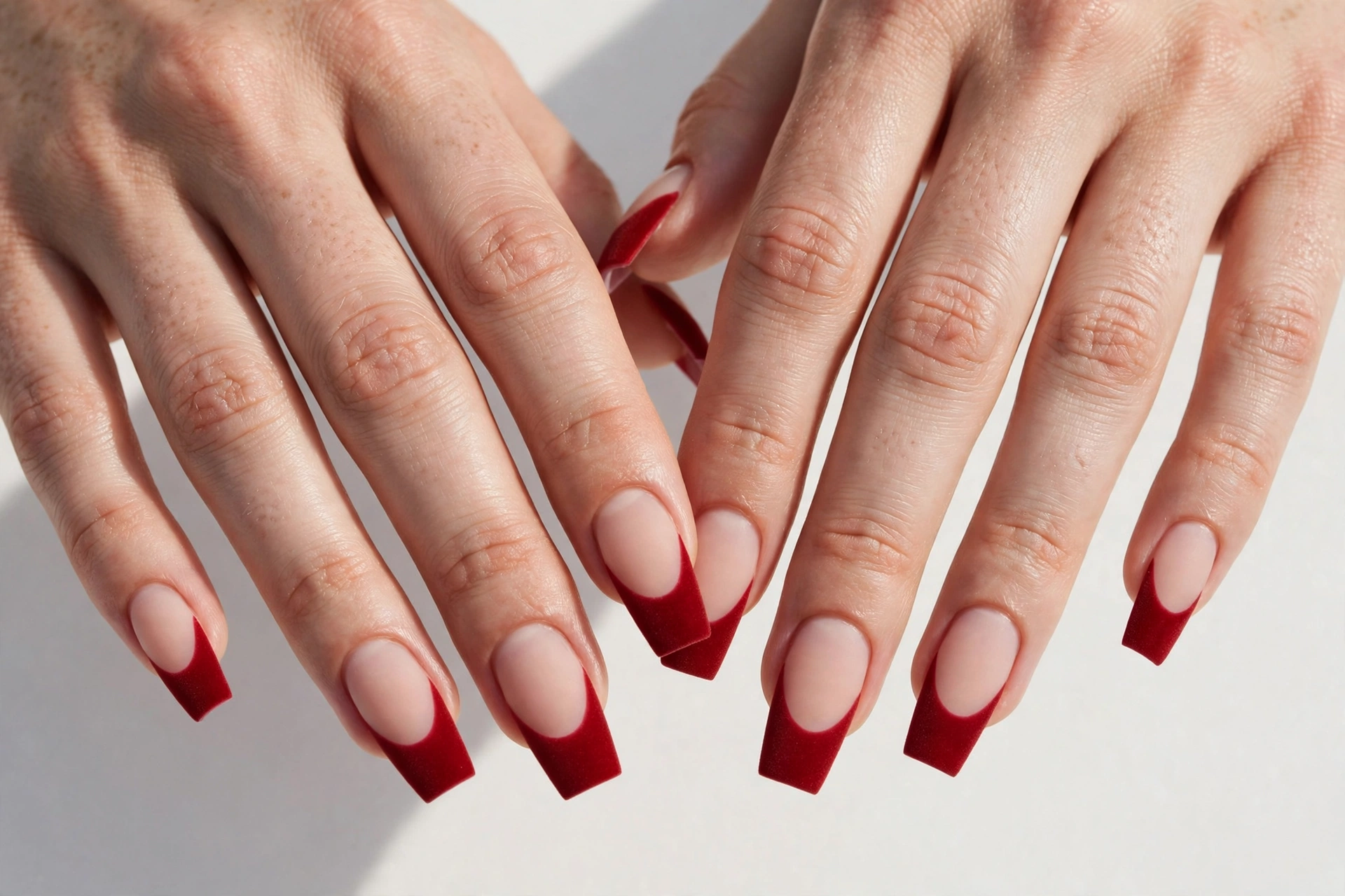 Matte red Christmas French tip nails with a velvet matte finish on a sheer nude base, shown on medium coffin nails.