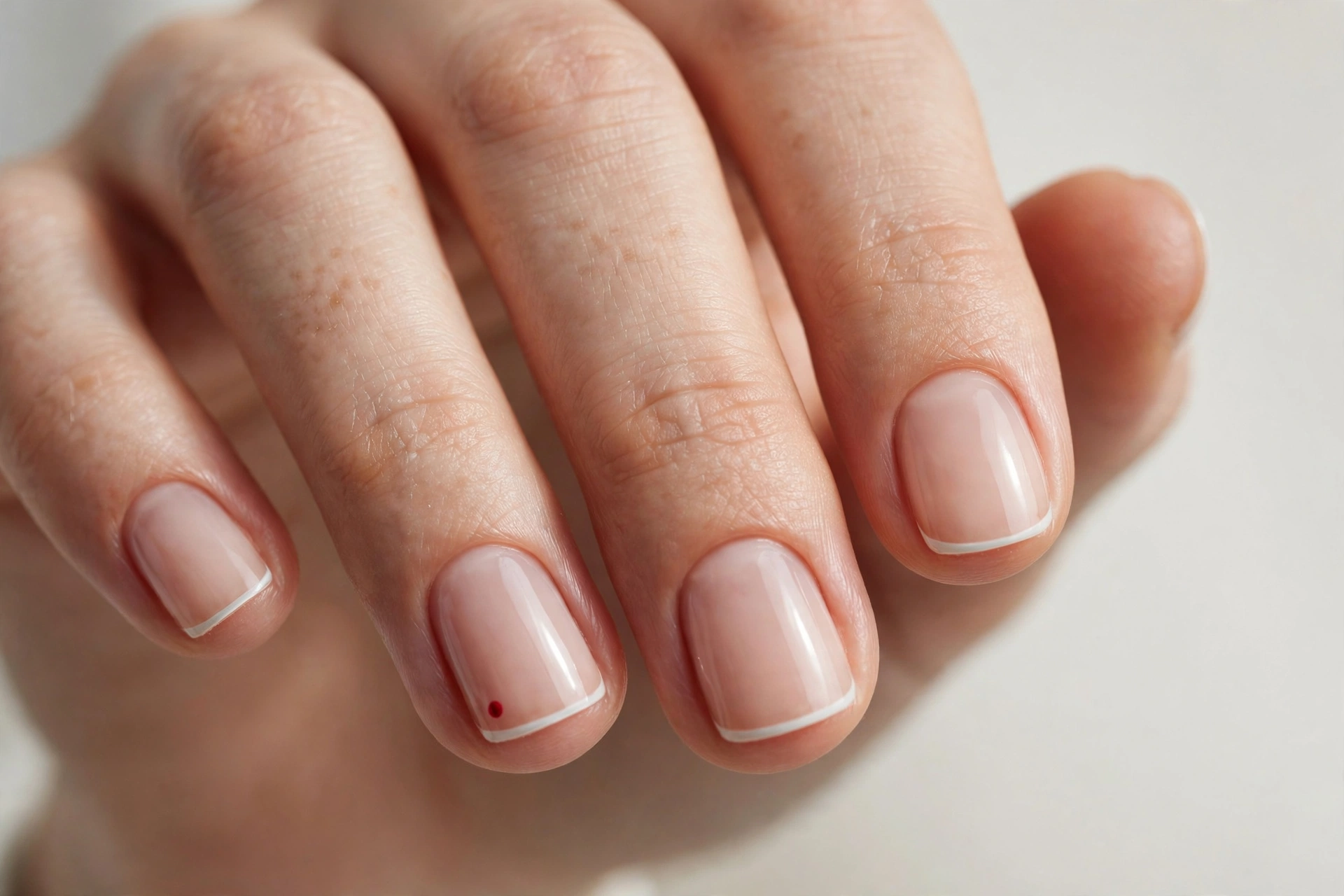 Minimalist Christmas French tip nails with thin white micro tips and one tiny red dot accent on a sheer nude base, shown on short squoval nails.