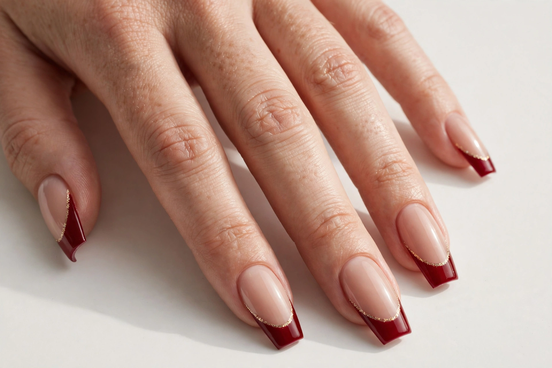 Christmas French tip nails with deep red tips edged with a thin gold glitter line on a nude base, shown on medium coffin nails.