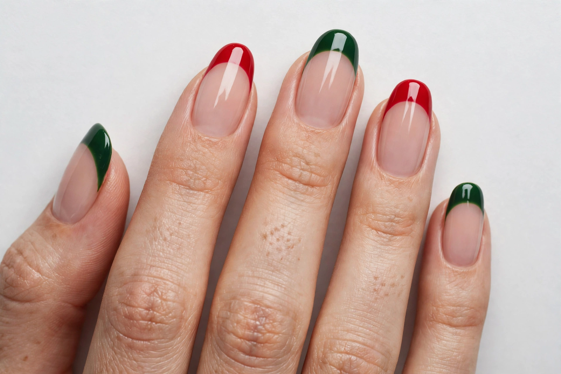 Christmas French tip nails alternating red and deep green glossy tips on a nude base, shown on medium almond nails.