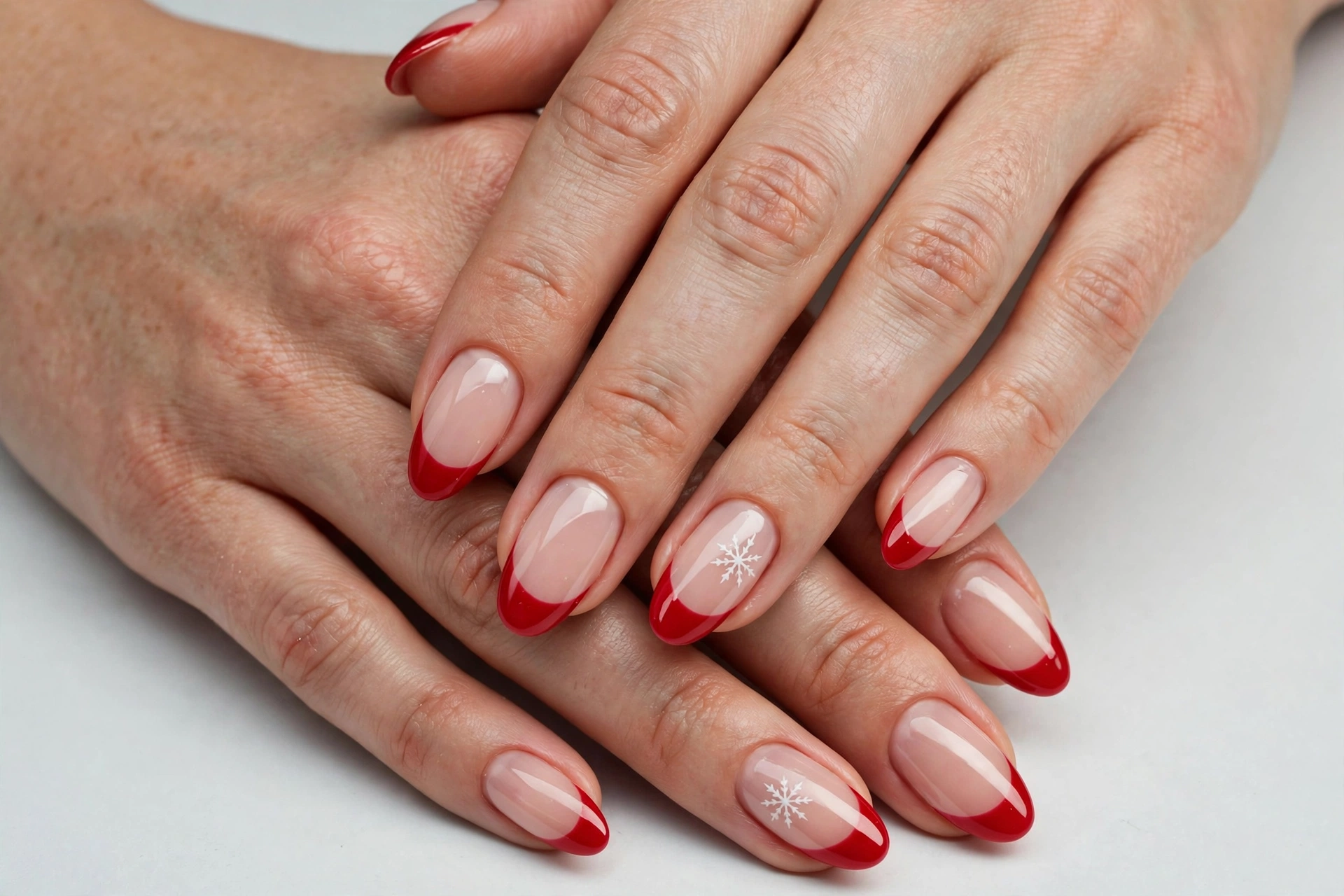 Christmas French tip nails with glossy red tips and small white snowflakes on the accent nails, on a sheer nude base, shown on medium almond nails.