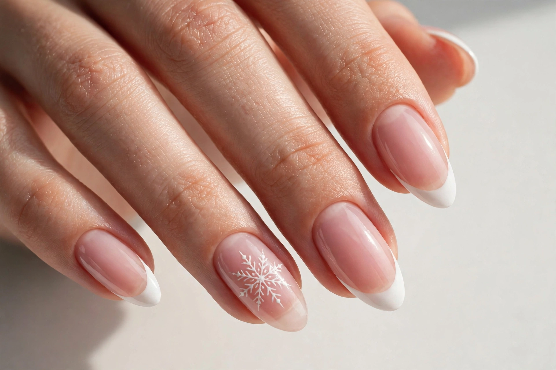 Christmas French tip nails with white tips and a delicate white snowflake painted on one accent nail over a sheer pink base, shown on medium almond nails.