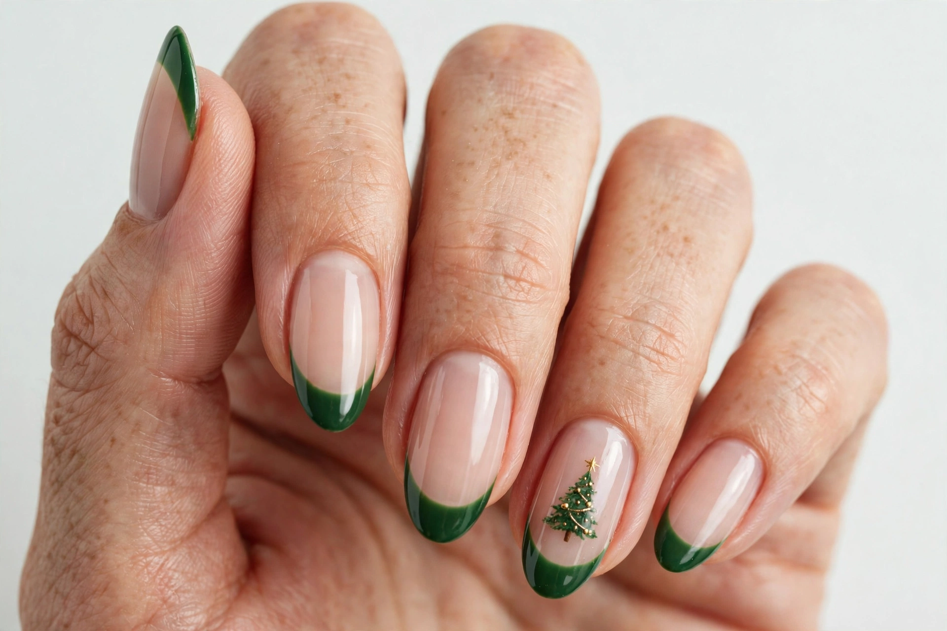Christmas French tip nails with green tips and one accent nail painted with a tiny Christmas tree, on a sheer nude base, shown on medium almond nails.