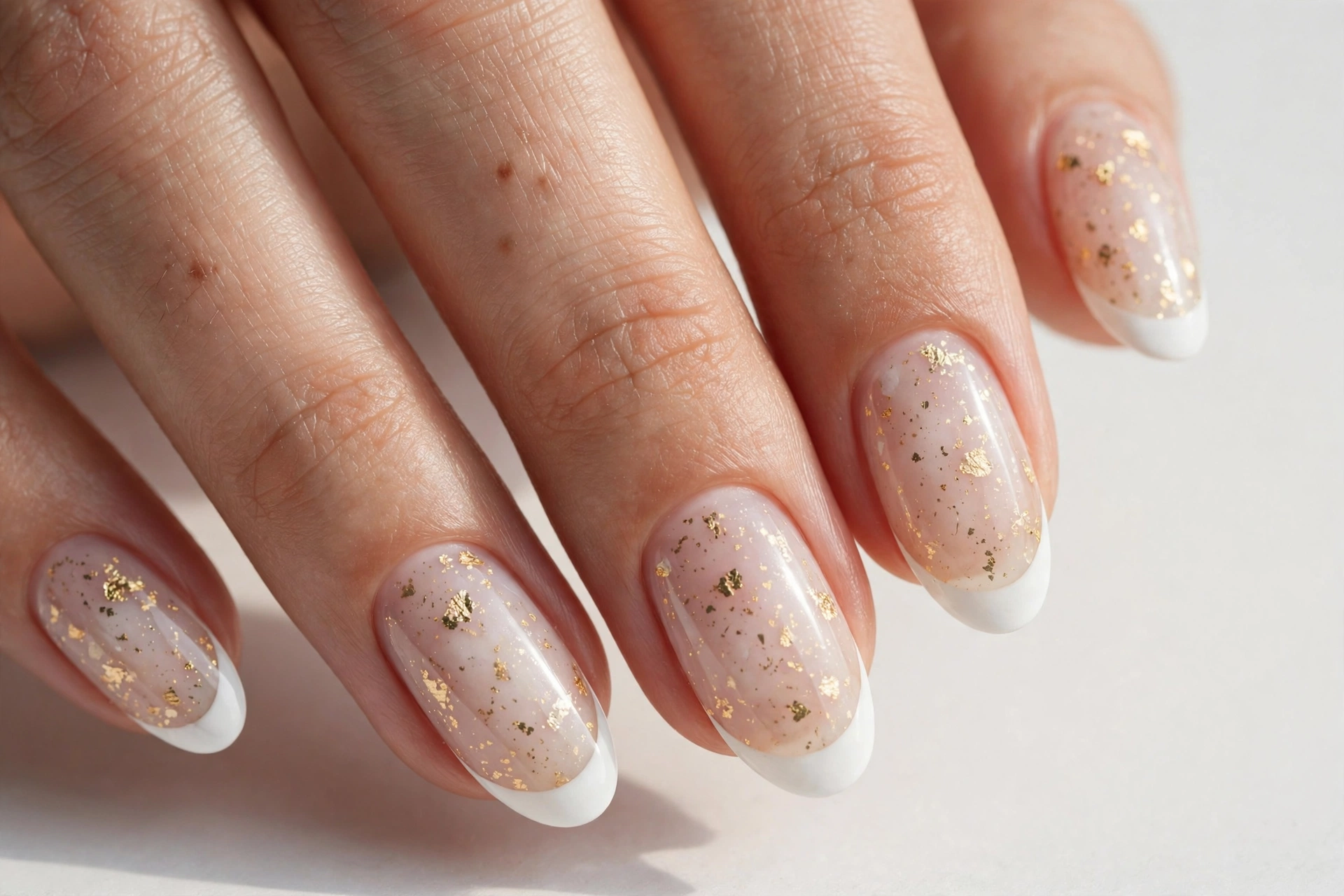 Winter Christmas French tip nails with white tips and fine gold foil flakes on a milky base, shown on medium almond nails.