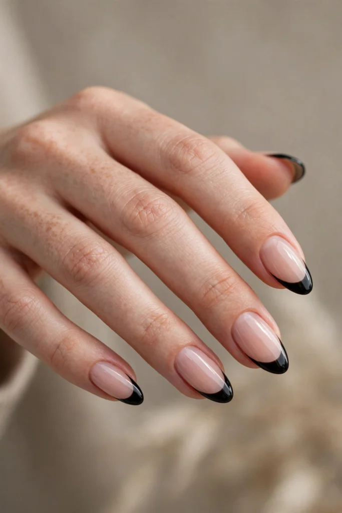 A hand with almond-shaped nails featuring glossy black French tips over a sheer nude base.