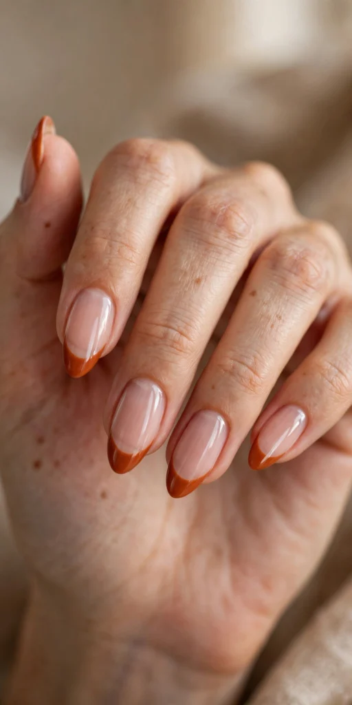 Close-up of almond nails with glossy burnt orange French tips over a sheer nude base