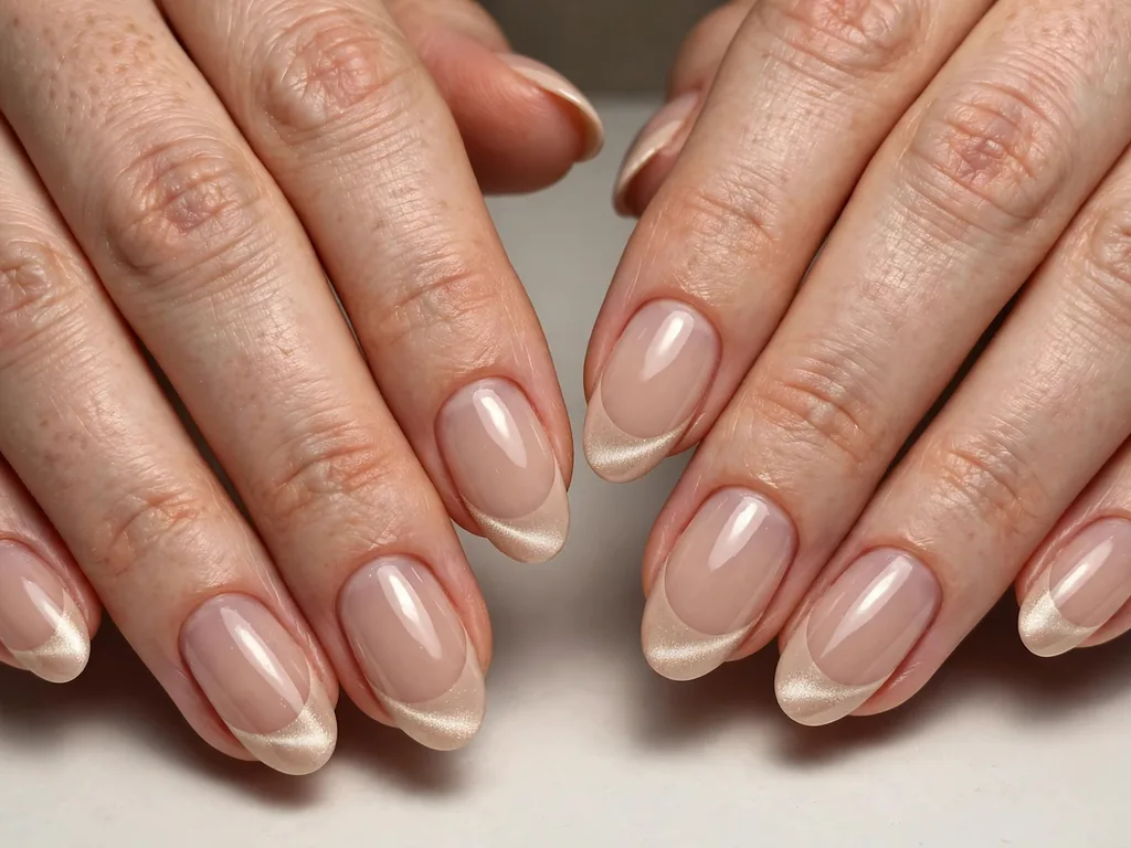 Classic nude cat eye French tip nails with a soft shimmer band on oval nails