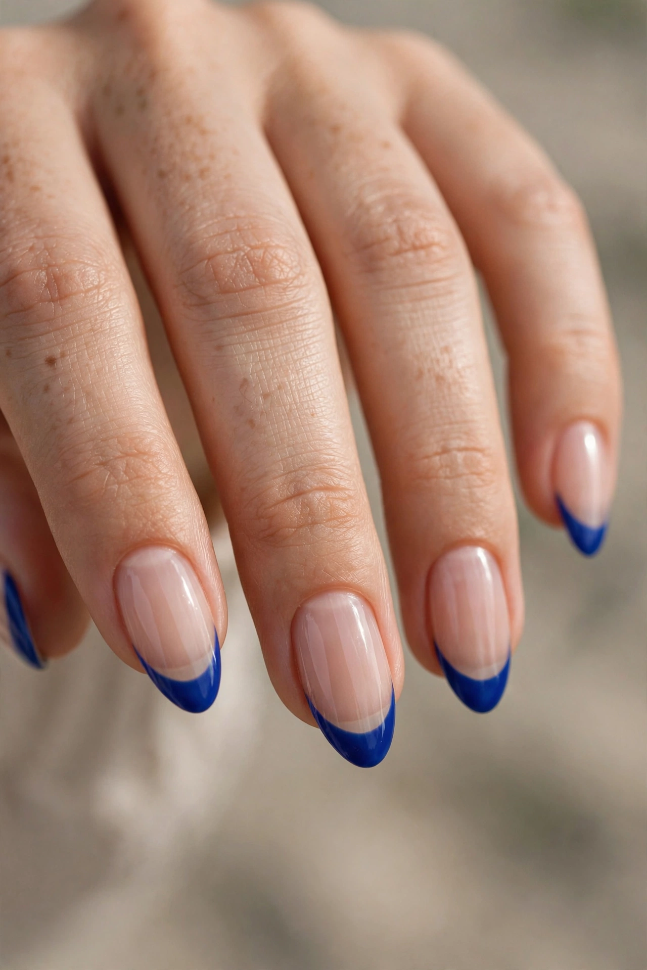 Close-up of almond-shaped nails with glossy cobalt blue French tips over a sheer nude base.