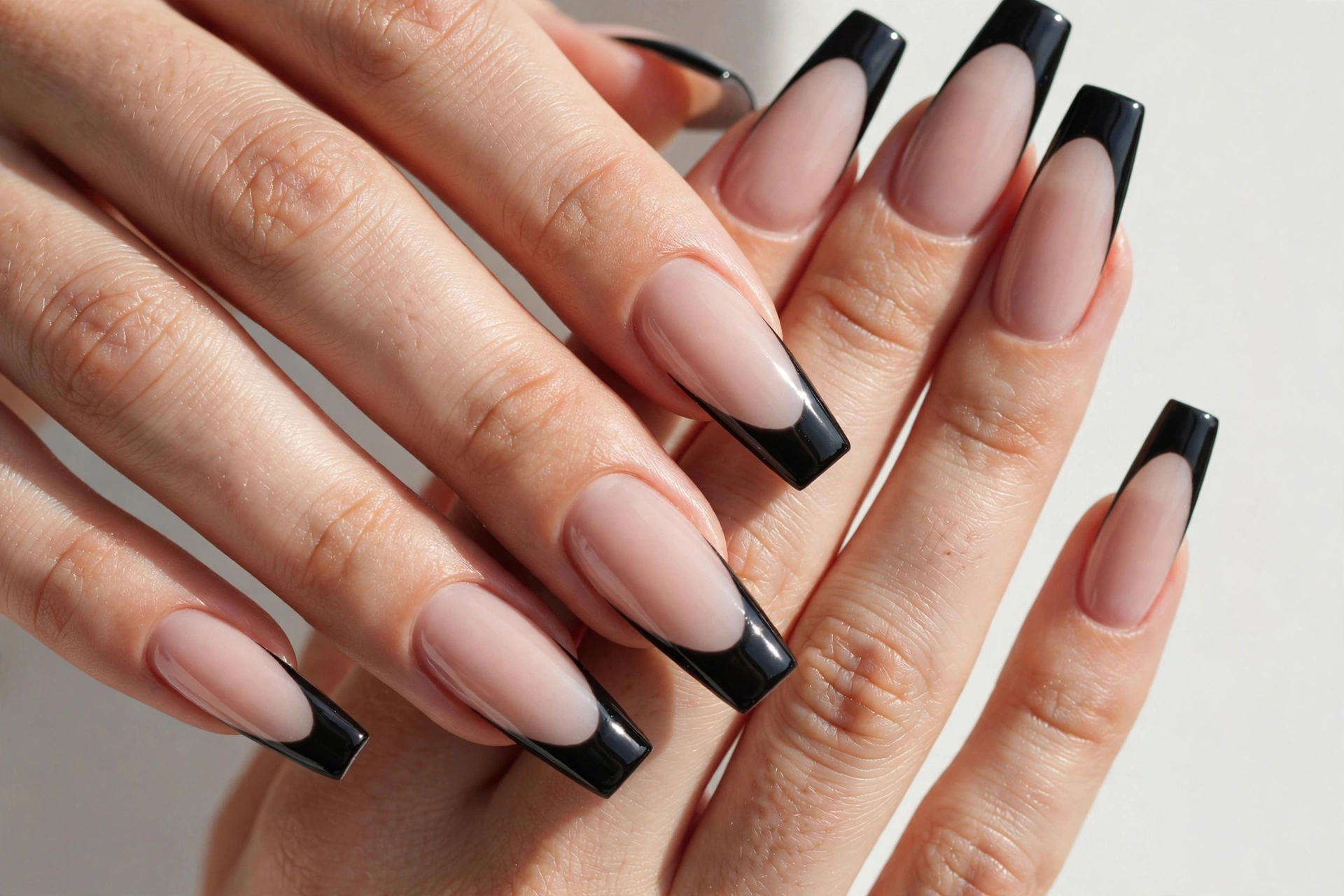 Black coffin French tip nails with jet black glossy tips on a milky nude base, shown on long coffin nails.