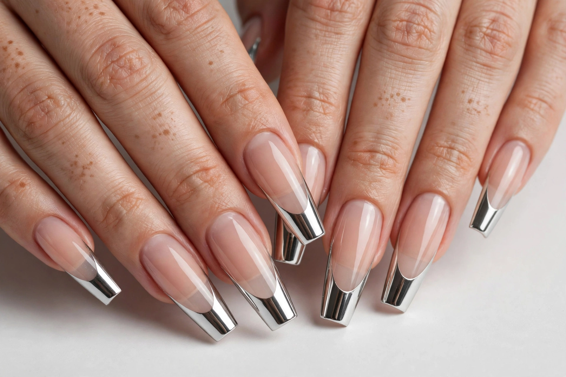 Chrome coffin French tip nails with silver chrome mirror tips on a sheer nude base, shown on long coffin nails.