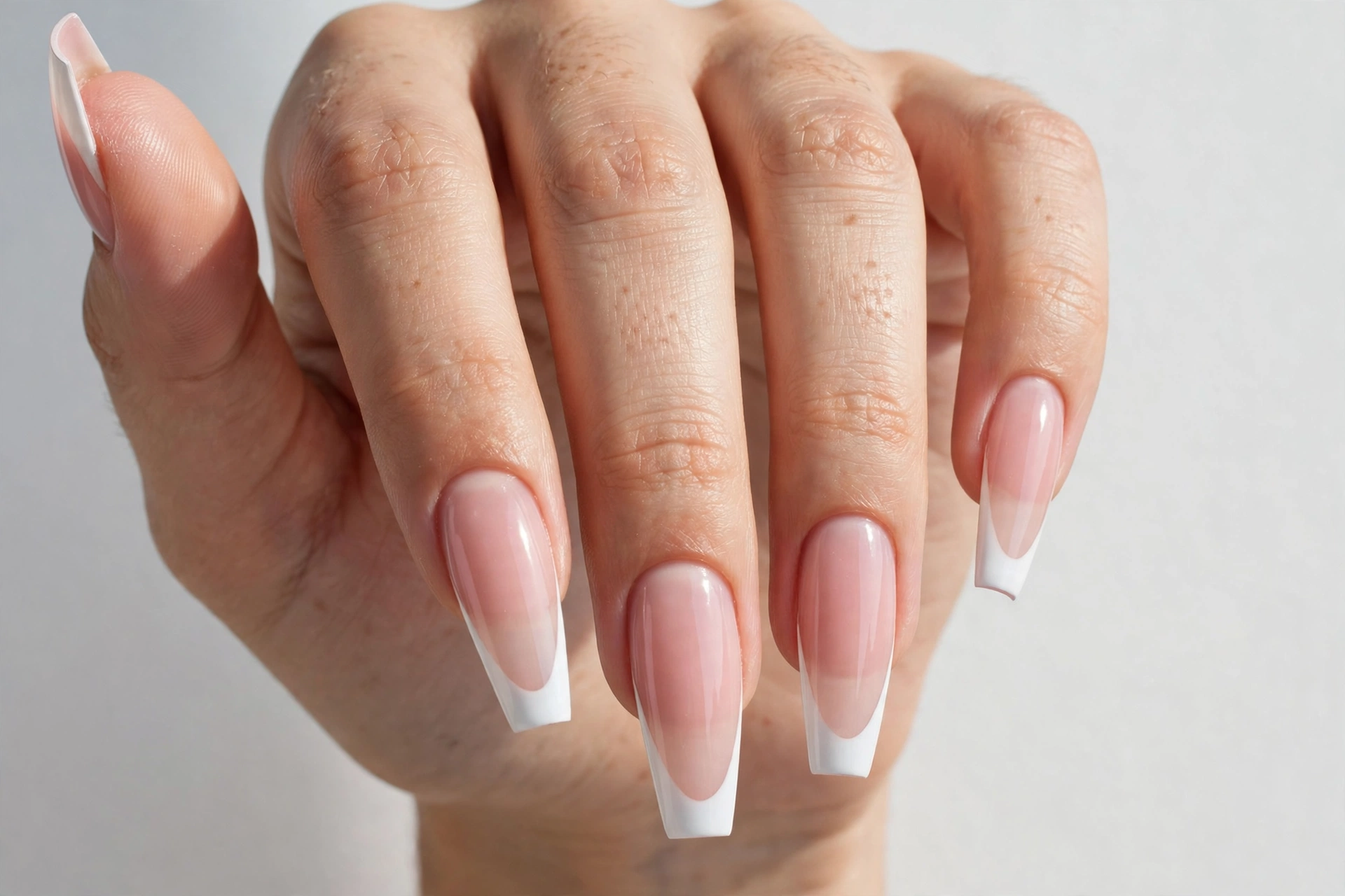 Classic white coffin French tip nails with crisp white tips on a soft pink base, shown on long coffin nails.