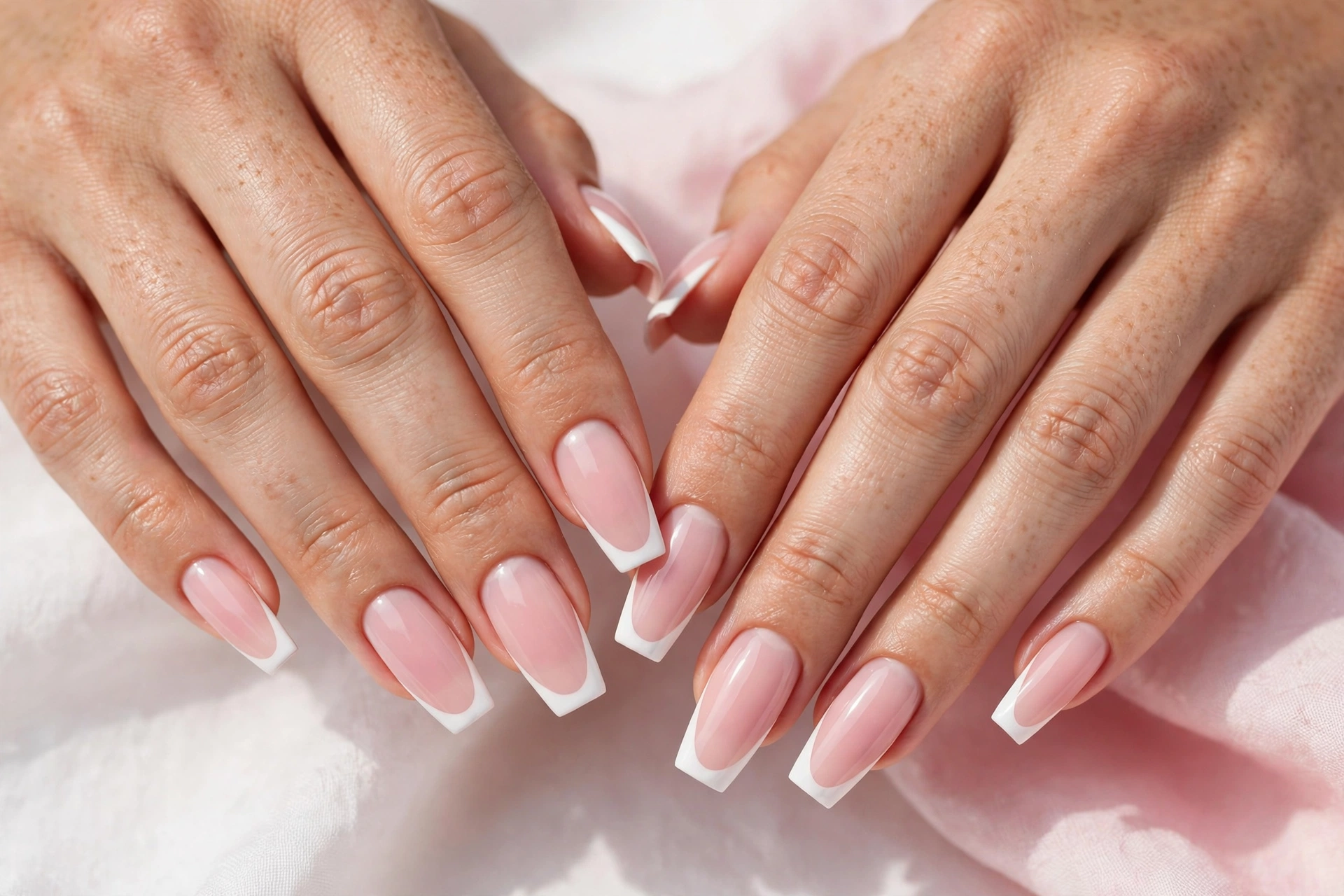 Coffin French tip nails with classic crisp white tips on a soft pink base, shown on a woman's hands against a white and soft pink background.