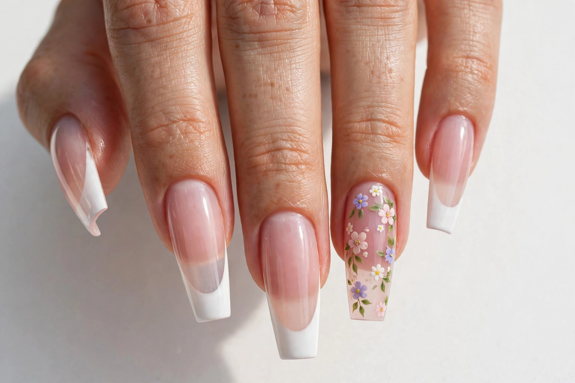 Floral coffin French tip nails with white tips and tiny painted flowers on one accent nail over a sheer pink base, shown on long coffin nails.