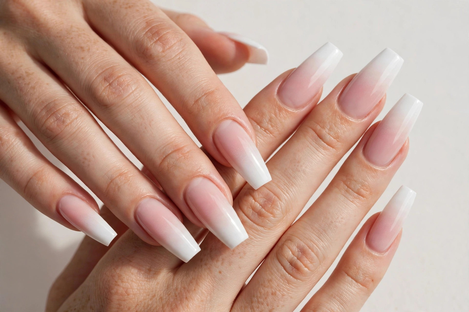 Coffin French ombre nails with white tips fading softly into a pink base, shown on long coffin nails.