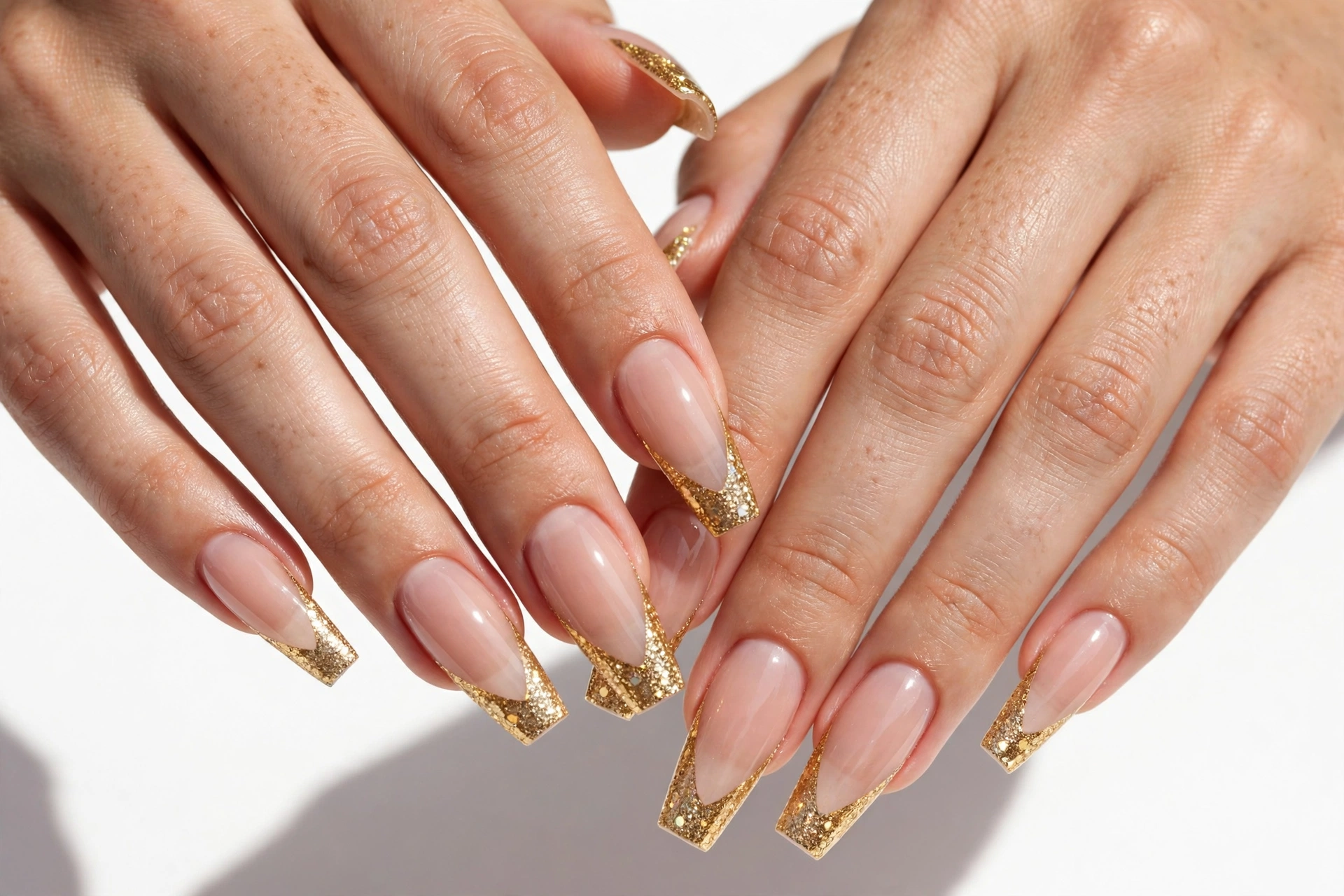Coffin French tip nails with sparkling gold glitter tips on a sheer nude base, shown on long coffin nails.