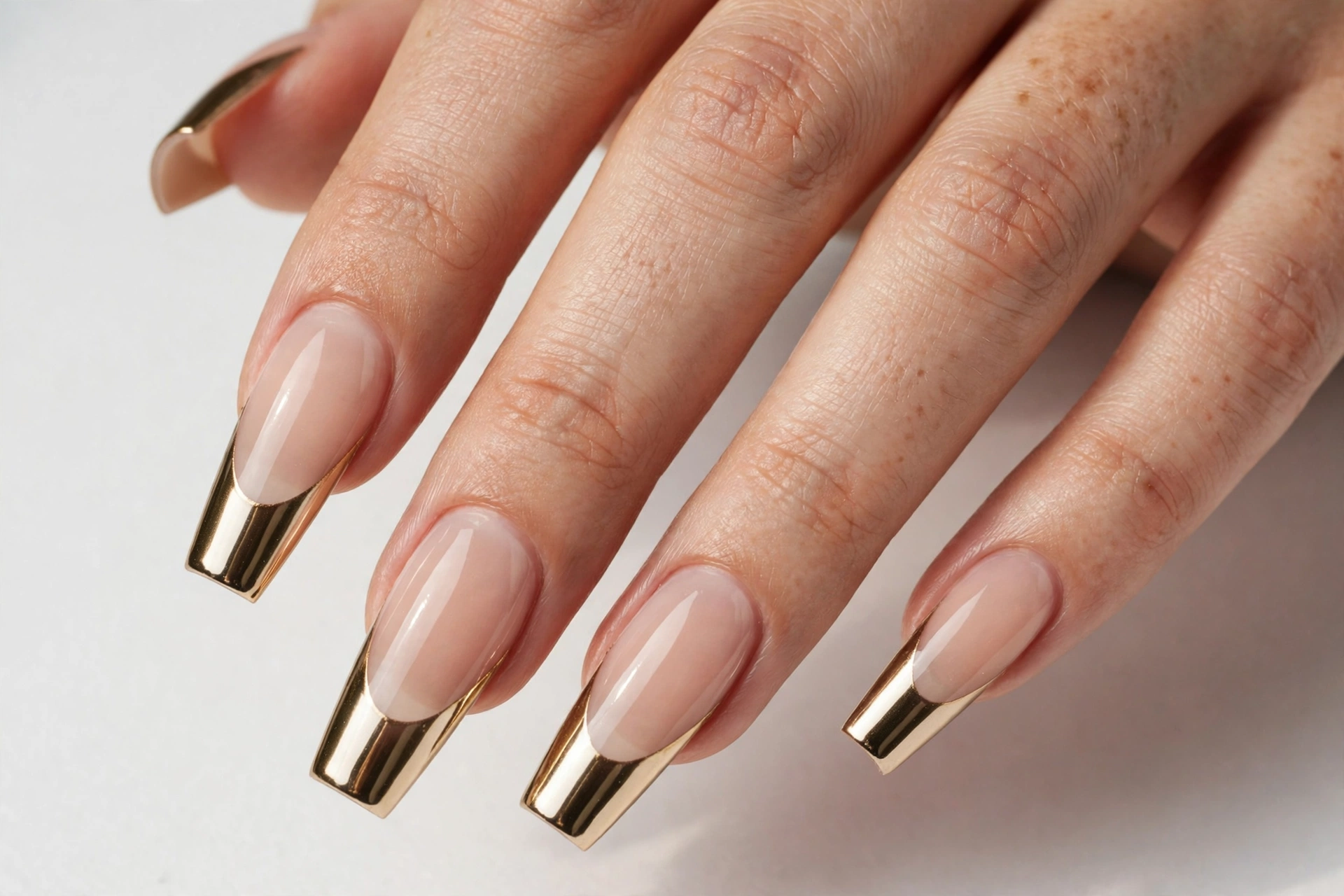 Coffin French tip nails with metallic gold chrome mirror tips on a sheer nude base, shown on long coffin nails.