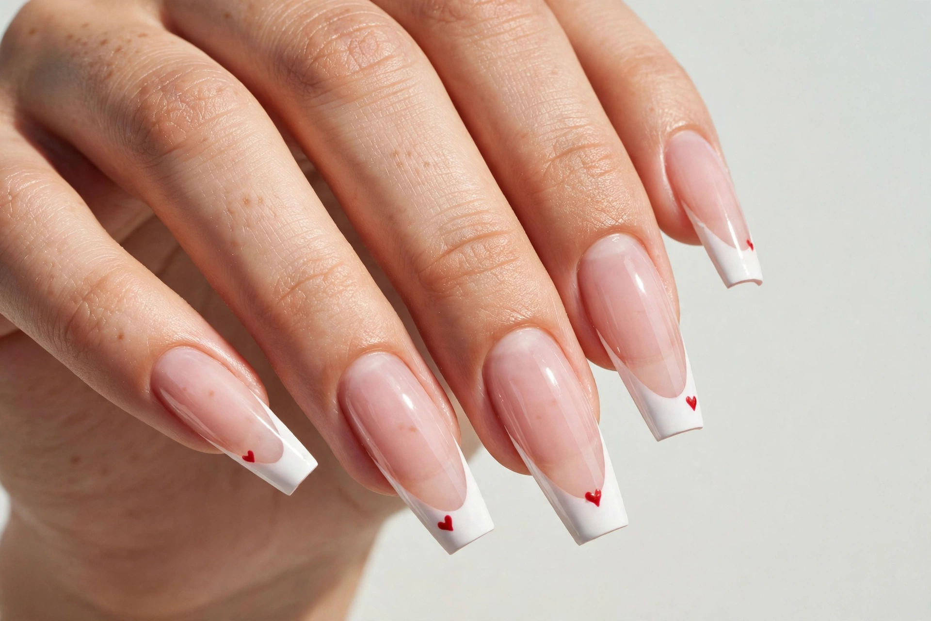 Coffin French tip nails with classic white tips and tiny red heart details painted near the tips on a sheer pink base, shown on long coffin nails.