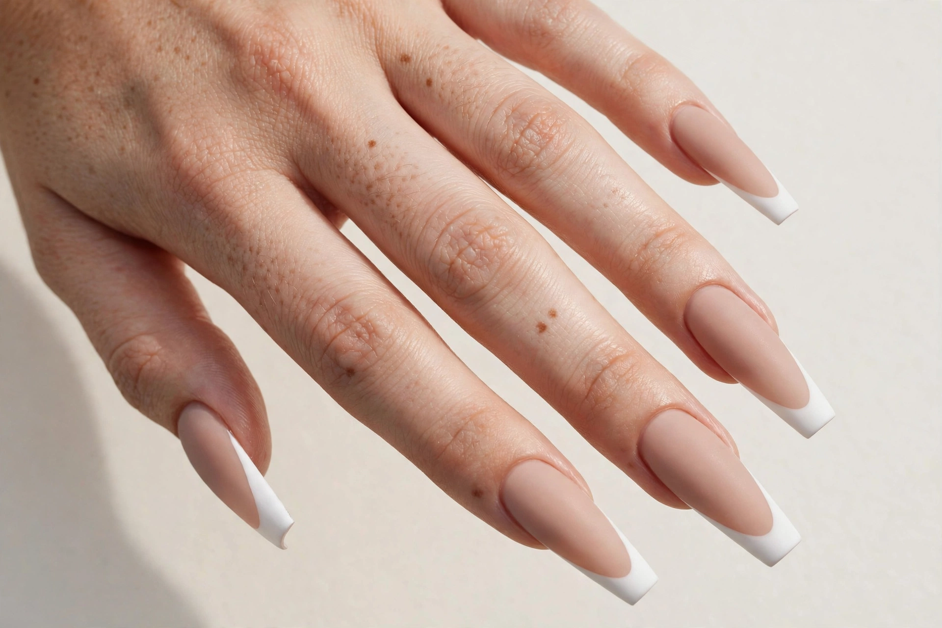 Matte coffin French tip nails with matte white tips on a soft matte nude base, shown on long coffin nails.