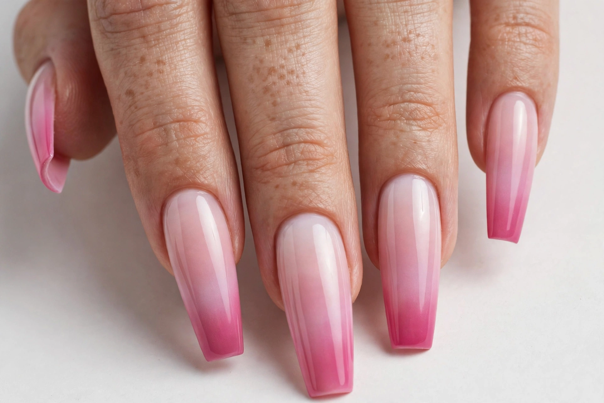 Coffin French tip nails with a soft pink and white ombre fade from the tips into the base, shown on long coffin nails with a deeper pink fade.