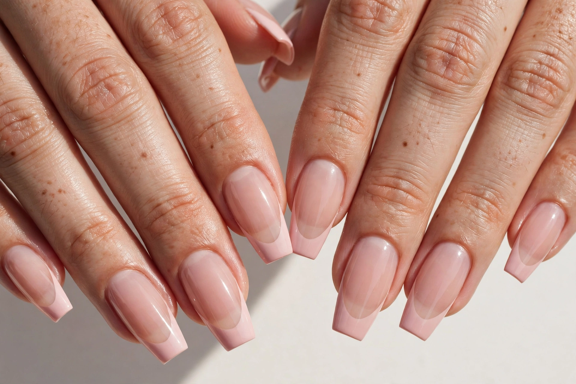 Soft pink coffin French tip nails with blush pink tips on a sheer nude base, shown on medium coffin nails.