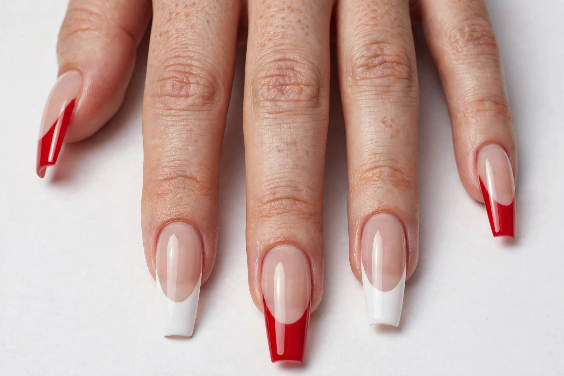 Coffin French tip nails alternating glossy red tips and white tips on a sheer nude base, shown on long coffin nails.