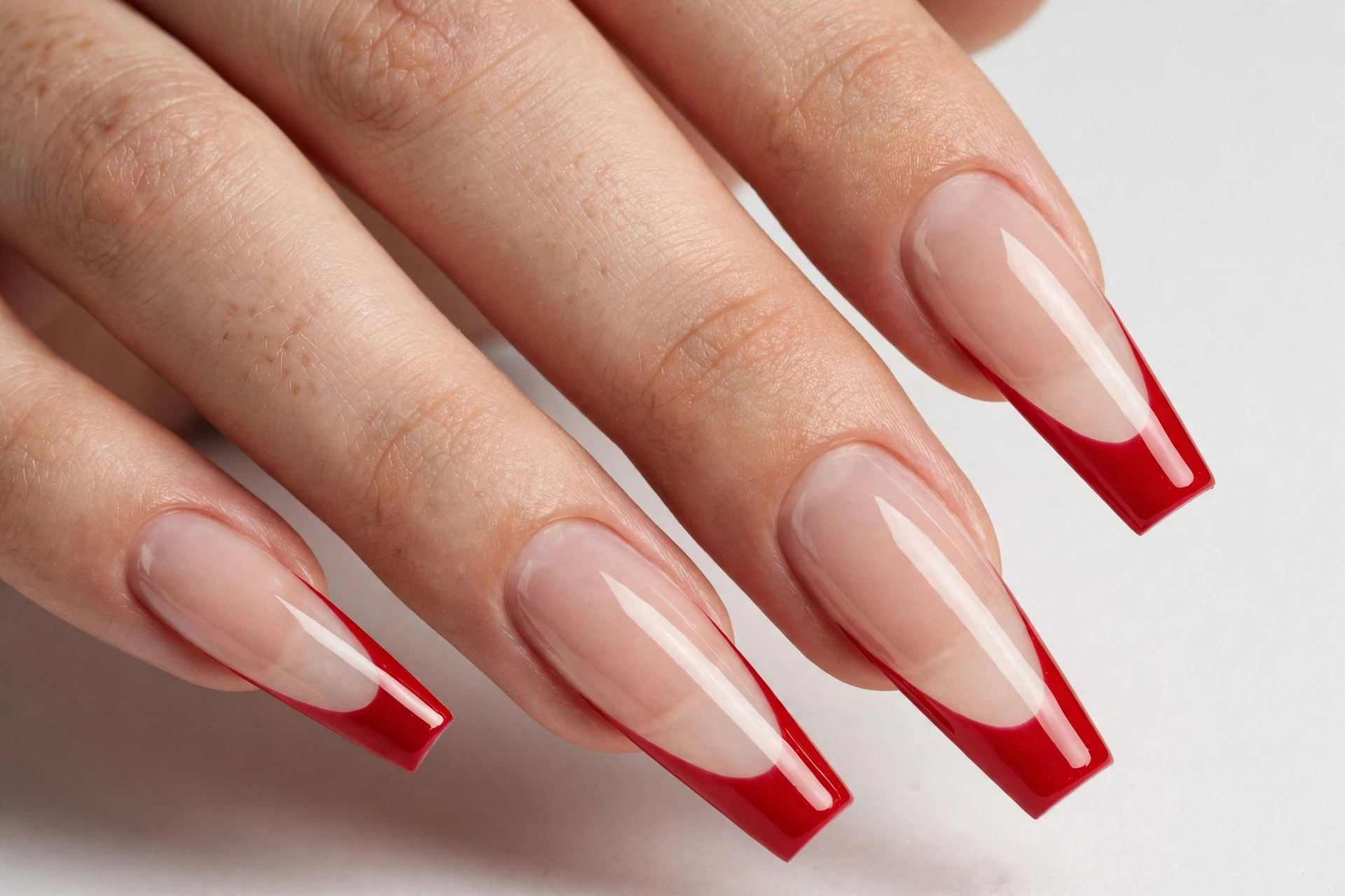 Red coffin French tip nails with glossy red tips on a sheer nude base, shown on long coffin nails.