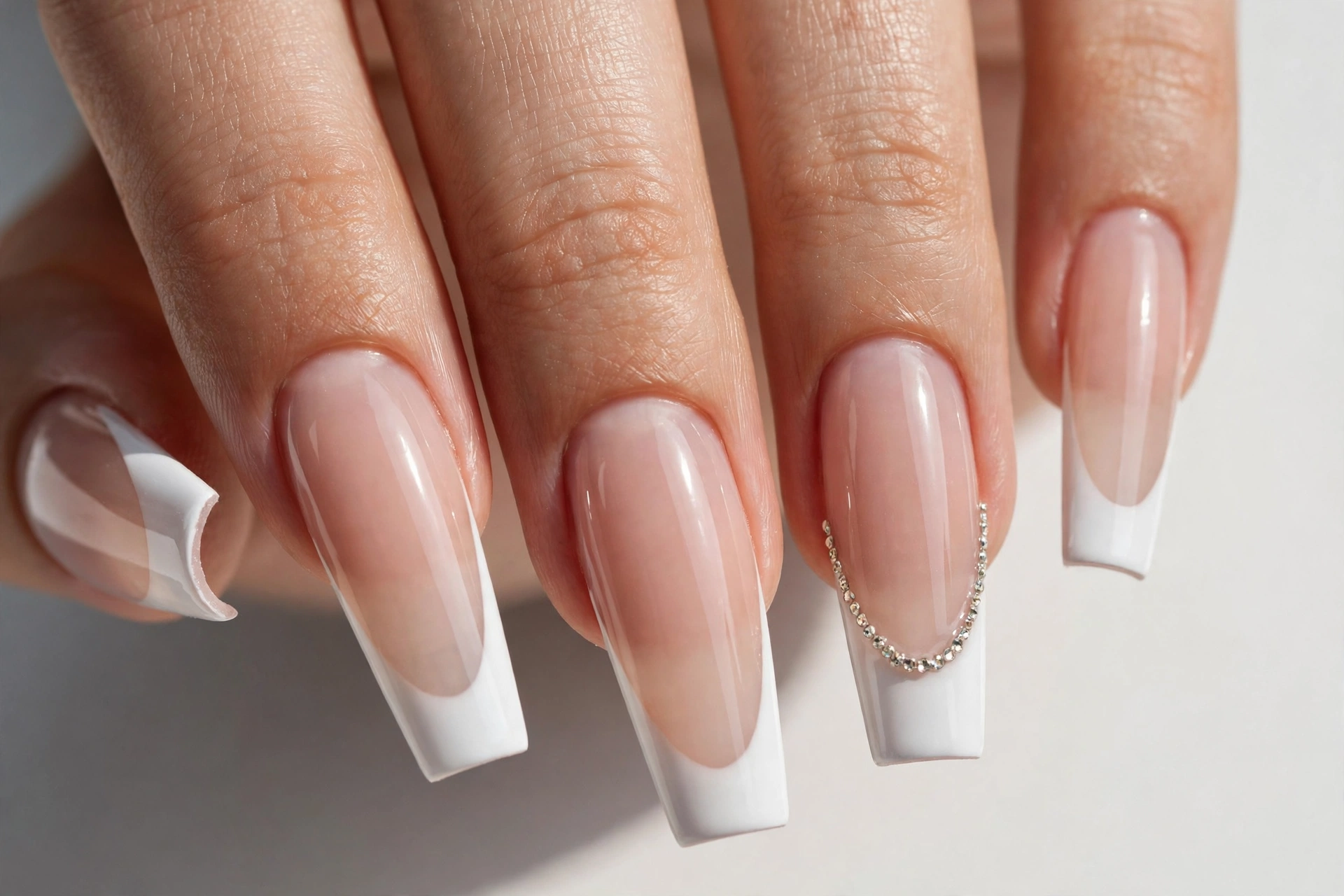 Rhinestone coffin French tip nails with white tips and tiny rhinestones along one accent nail's smile line on a sheer nude base, shown on long coffin nails.