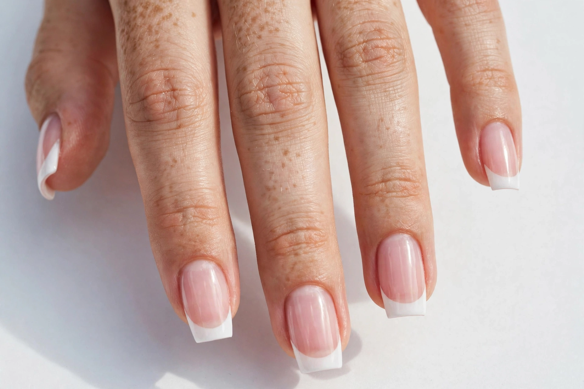 Short coffin French tip nails with classic white tips on a sheer pink base, shown on short coffin nails.