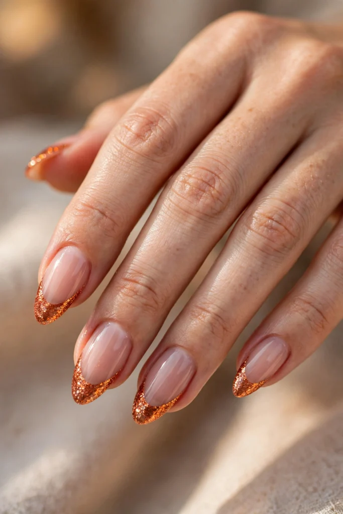 Close-up of almond nails with sparkling copper-orange glitter French tips over a sheer nude base
