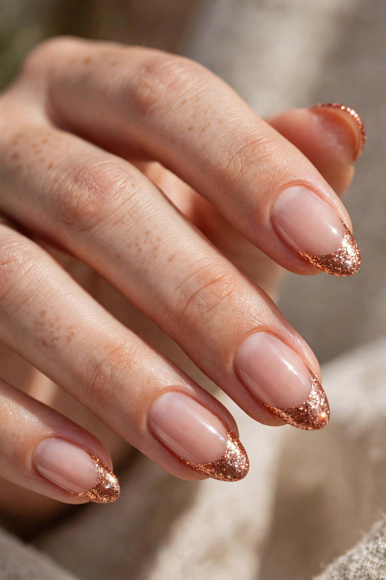 Close-up of almond nails with sparkling copper glitter French tips