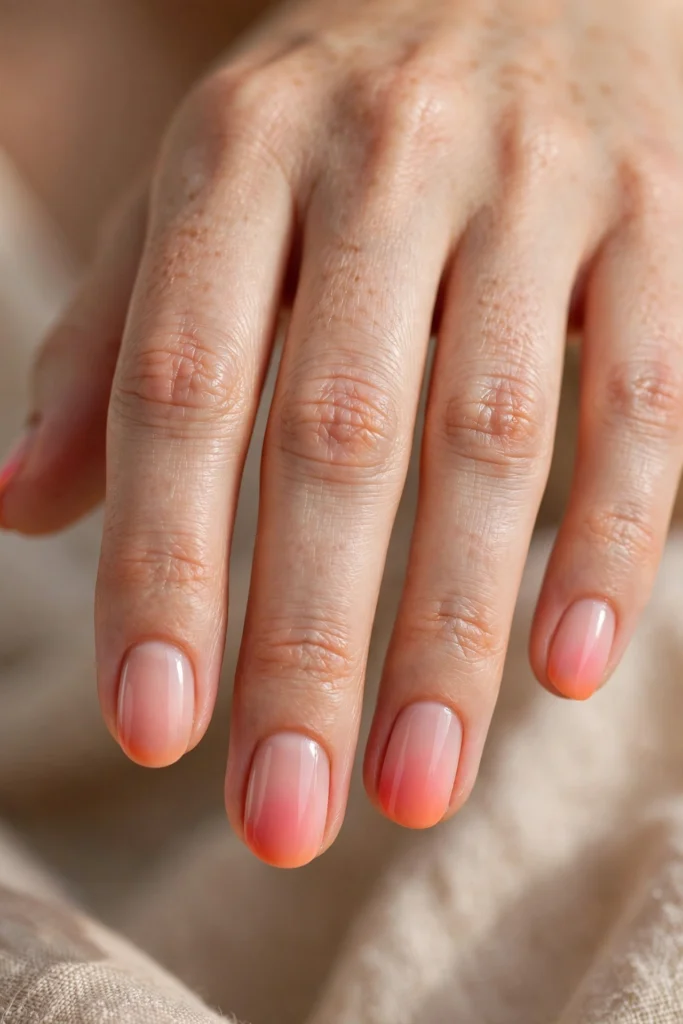 Close-up of short rounded nails with a soft blended coral-pink ombre French tip fading from pink to warm coral-orange
