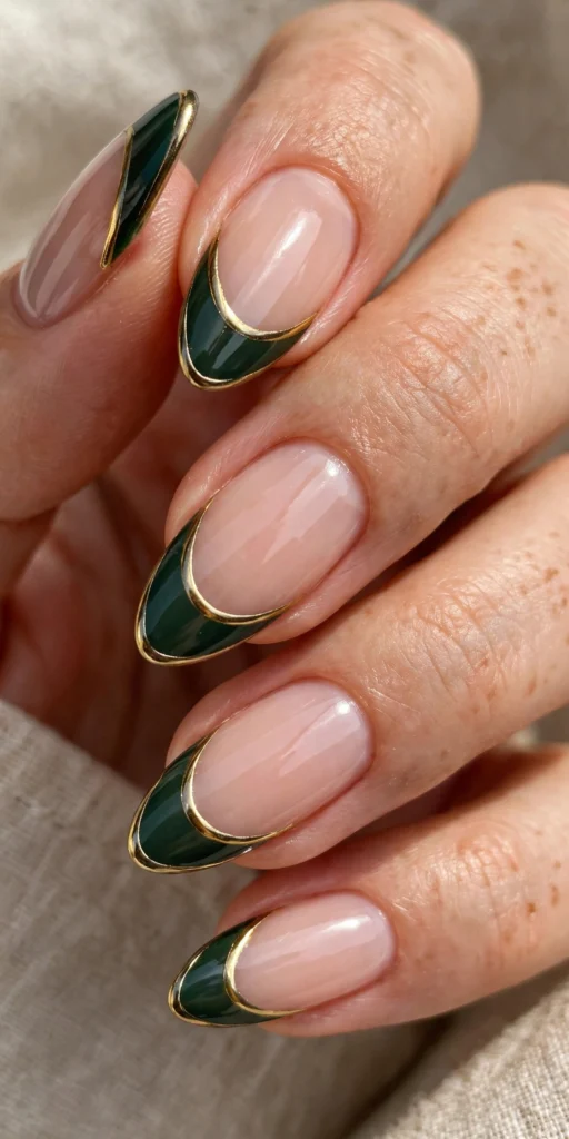 Almond nails with dark green French tips outlined in metallic gold chrome.