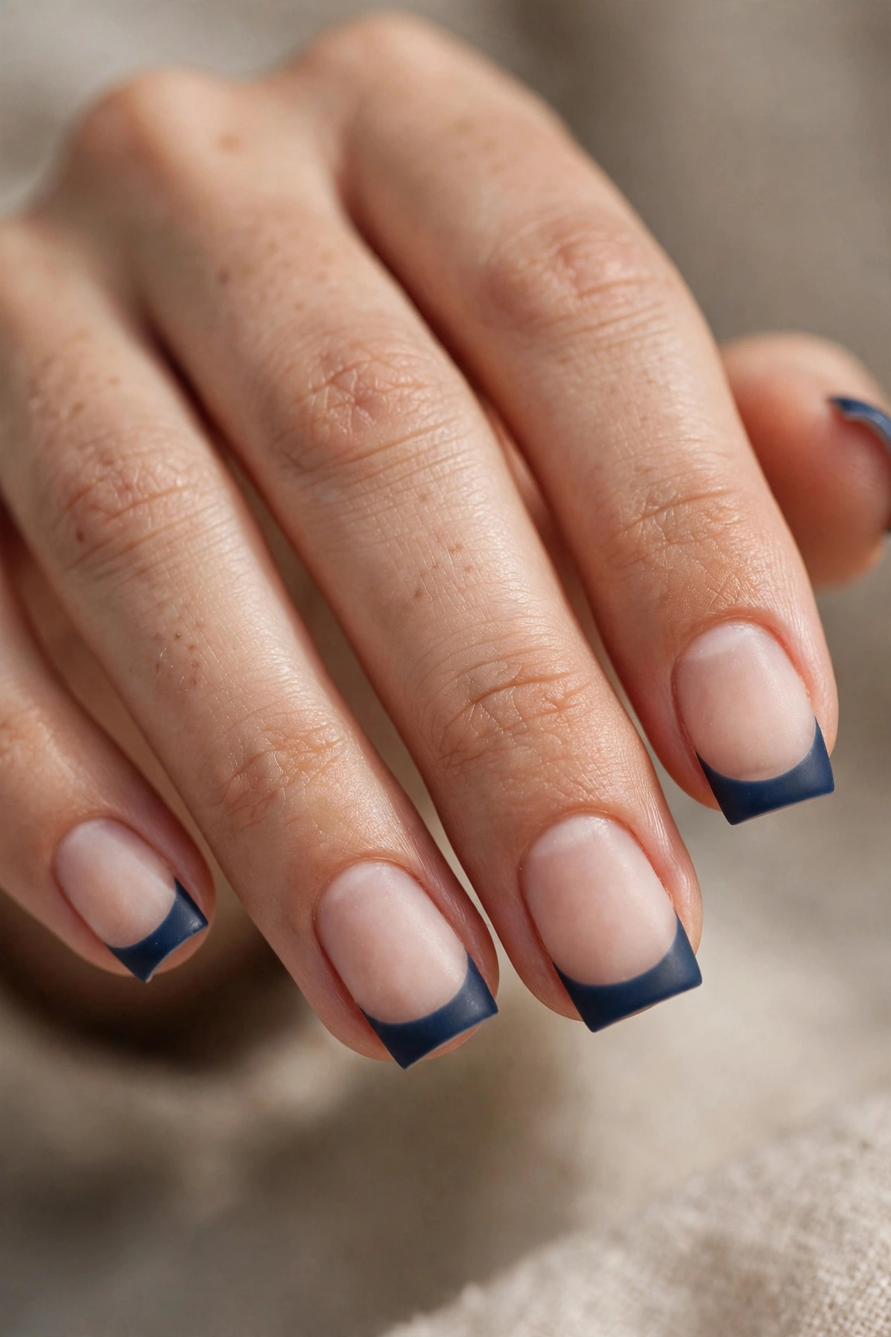 Close-up of square nails with deep navy blue French tips in a velvety matte finish.