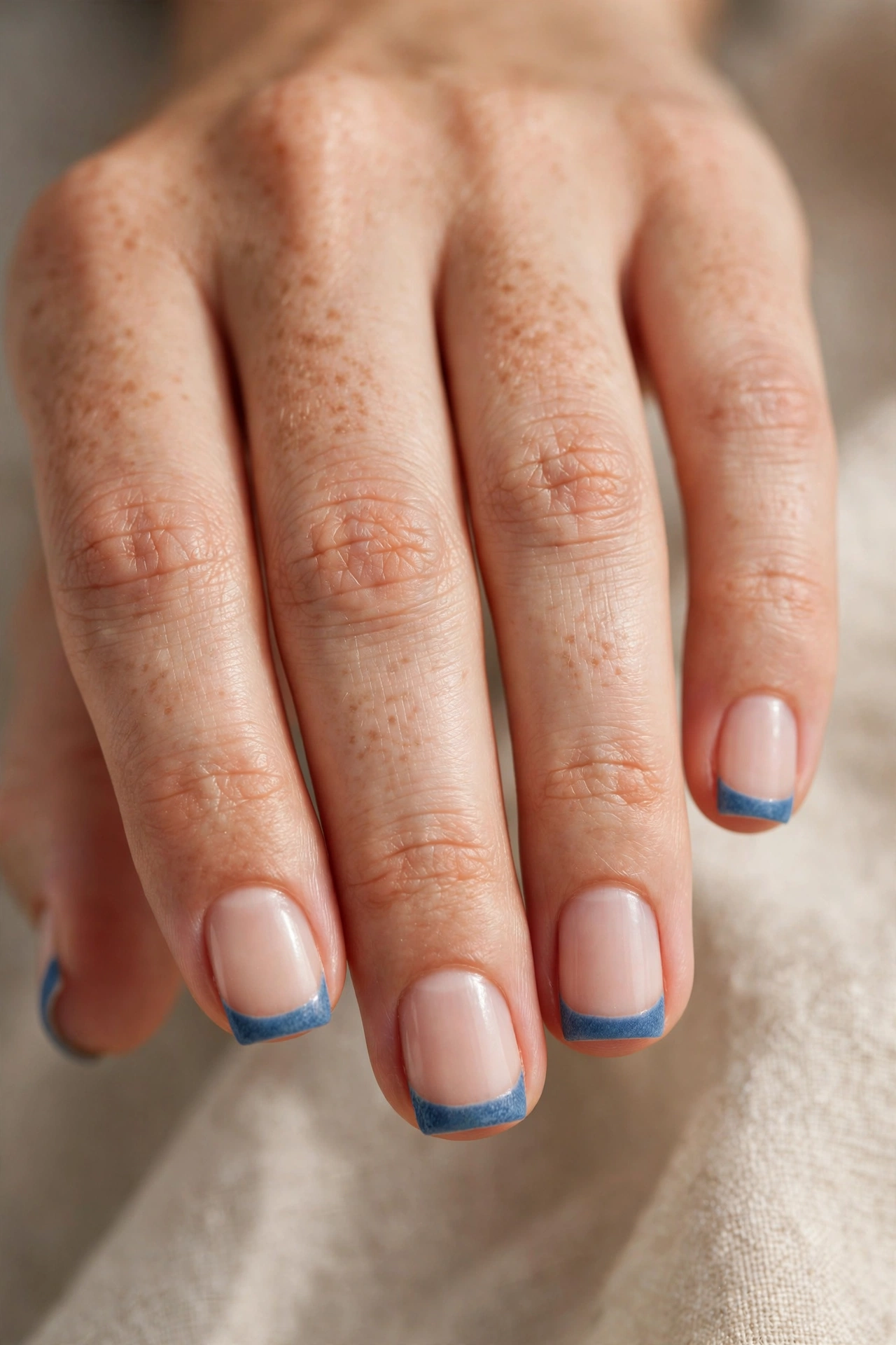 Close-up of short square nails with muted denim-blue French tips.