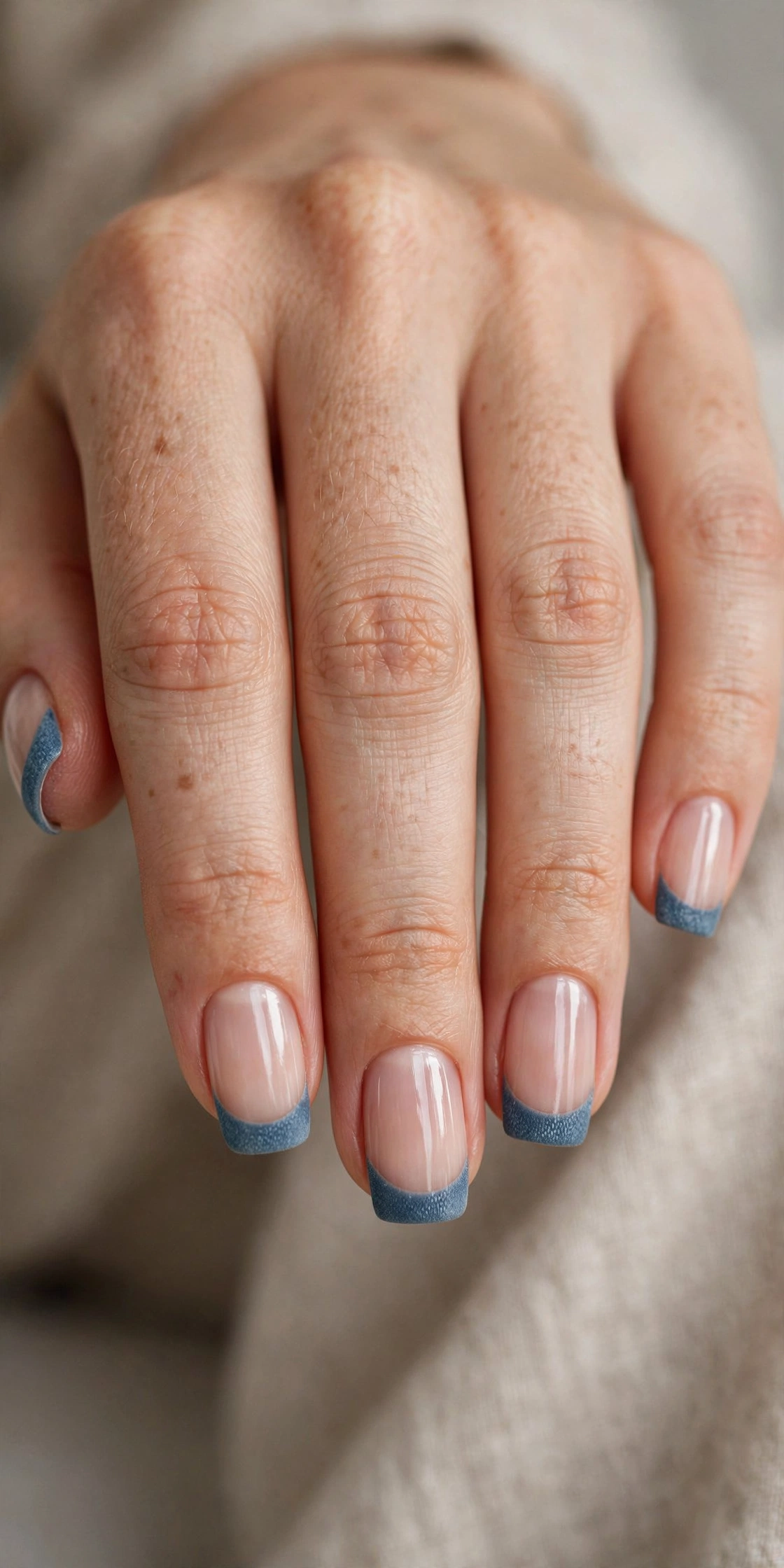Squoval nails with dusty denim-blue French tips in a soft satin finish over a sheer base.