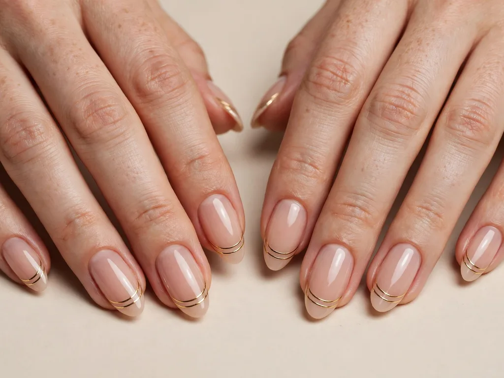 Double gold line French tip nails with two thin lines on almond nails