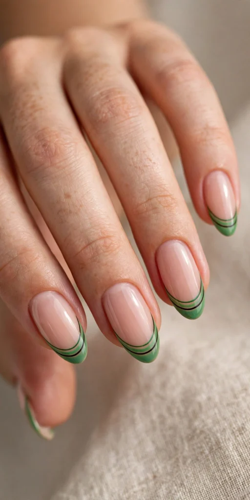 Almond nails with green double French tips outlined with a thin black line.