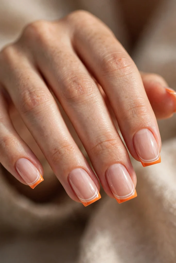 Close-up of medium square nails with modern double-line French tips in orange and white