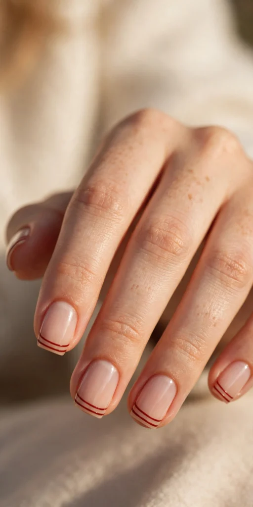 Short square nails with two thin parallel oxblood French tip lines over a sheer nude base.