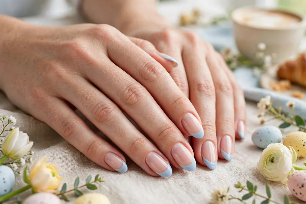 Easter brunch French tip nails with powder baby blue tips on a sheer nude base, shown on medium almond nails.